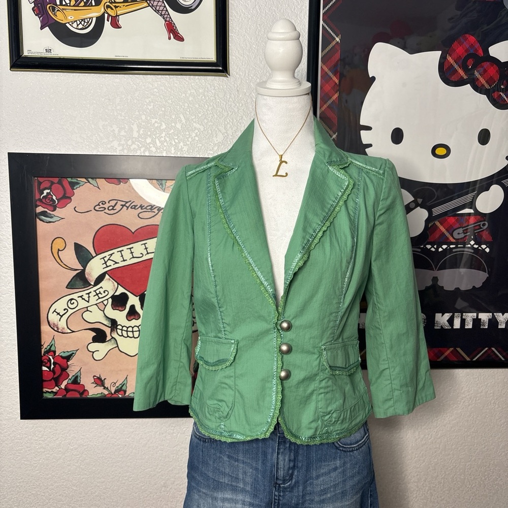 Forever 21 Y2K Green Cropped Lace Trim Blazer Jacket Office Vintage Coquette